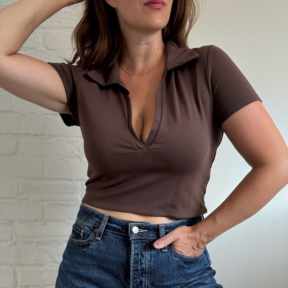 BABATON Aritzia Chocolate Brown Contour Women's Polo Top Size XL